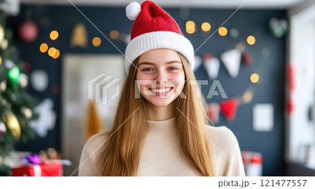 Office worker in Christmas hat surrounded by holiday gifts 121477557