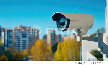 High-Tech CCTV Security Camera Mounted on Building High-Tech CCTV Security Camera Mounted on Building 121477558