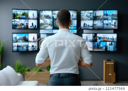 Night Shift Guard Overlooking CCTV Footage in Security Room Night Shift Guard Overlooking CCTV Footage in Security Room 121477569