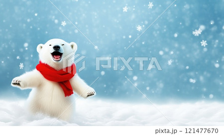 Playful Polar Bear Catching Snowflakes on a Snowy Day 121477670