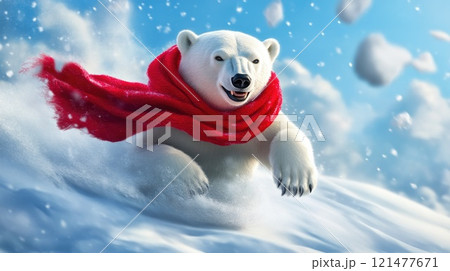 Polar Bear in Red Scarf Sliding on Snow Polar Bear in Red Scarf Sliding on Snow 121477671