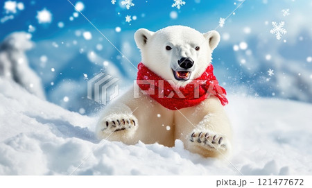 Playful Polar Bear Laughing in Snowy Winter 121477672