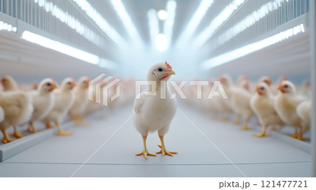 Bright fluorescent lighting over chickens in cages 121477721