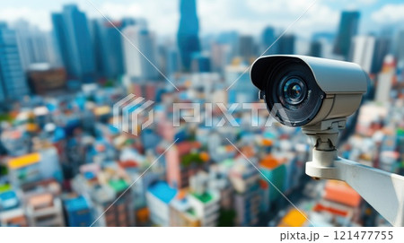 Urban Safety: CCTV Camera Overlooking City from Above 121477755