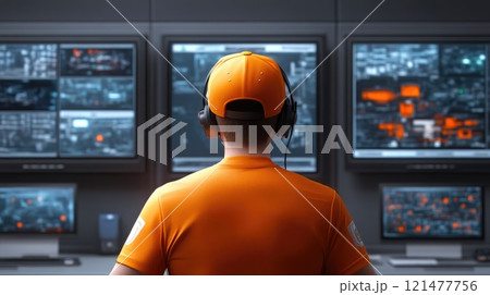 CCTV Surveillance of a Suspicious Person in Security Room 121477756