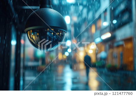 Person Walking Through Shadowy Alley Seen on CCTV 121477760