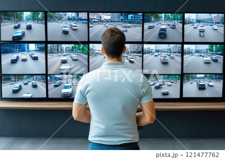 Security Guard Monitoring Suspicious Activity on CCTV Screens 121477762