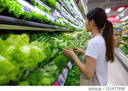 Person selecting healthy lettuce from the vegetable aisle 121477898