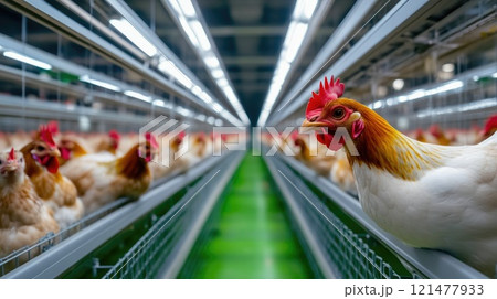 Fluorescent-lit poultry farm with caged chickens for egg production 121477933