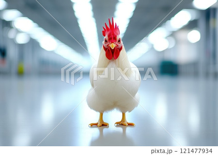 Close-up of a chicken pecking grains in a bright pen Close-up of a chicken pecking grains in a bright pen 121477934