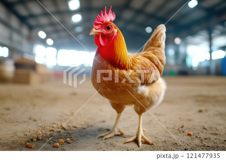 Indoor chicken farm with clean floors and healthy hens Indoor chicken farm with clean floors and healthy hens 121477935