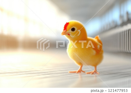 Brightly Lit Indoor Chicken Farm with Caged Birds 121477953