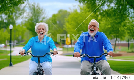 Senior Couple Cycling Together in the Park, Enjoying the Moment 121477968