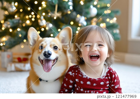 Joyful child and Corgi share a cozy moment on holiday rug 121477969