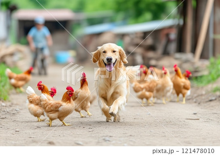 Happy Golden Retriever Engaging with Chickens in the Garden 121478010