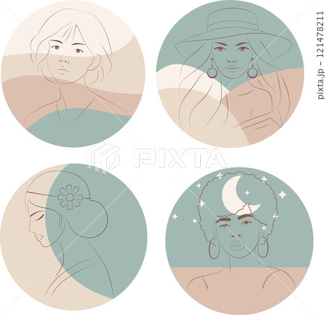 Boho Chic Backgrounds with Elegant Line Art Portraits Minimalist Tropical Leaf Designs and Feminine Faces on Warm, Earthy Tones 121478211