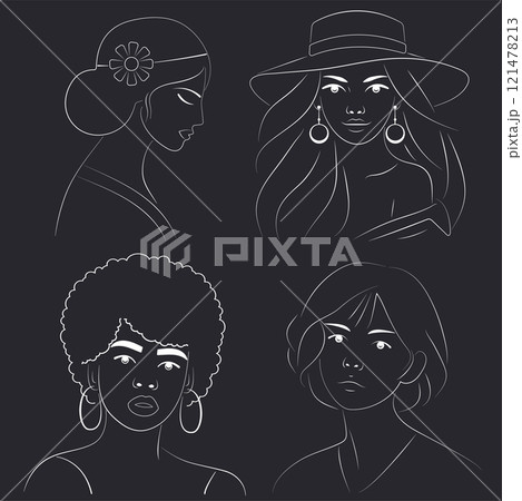 Elegant and Modern Line Art Portraits of Women Minimalist Female Faces and Profiles for Contemporary Branding, and Social Media 121478213