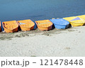 Colorful plastic boats on the shore of a lake, close-up 121478448
