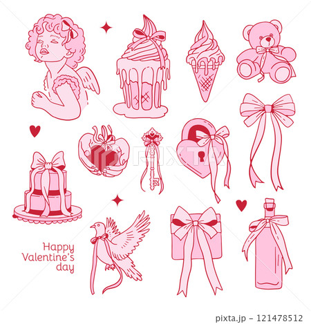 Coquette Valentine s day elements set decorated with coquette bows, ribbons. Angel, icecream, teddy, cake, wine bottle and dove Elegant vintage cupid with bow. Hand drawn line art vector illustrations 121478512