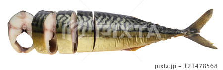 Smoked mackerel cut into pieces on a white background. Top view Smoked mackerel cut into pieces on a white background. Top view 121478568
