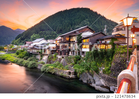 Gujo Hachiman, Japan hot springs town at dusk over the Yoshida River. Gujo Hachiman, Japan hot springs town at dusk over the Yoshida River. 121478634