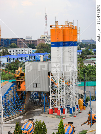 Cement silos of Cement batching plant factory or Concrete mixing tower. Concept of on-site construction facility. 121478679