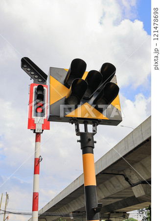 signaling device or traffic light  signal with controller on railway, near junction or Railway station. 121478698
