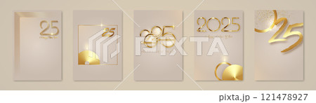 set card 2025 Happy New Year gold texture, golden luxury beige elegante modern background, elements for calendar, greetings card or Christmas themed winter holiday invitations, geometric decorations 121478927