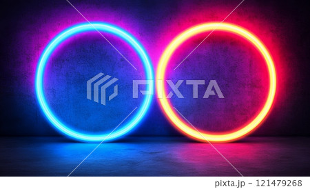 Vibrant Neon Circles on Dark Concrete Wall Background 121479268