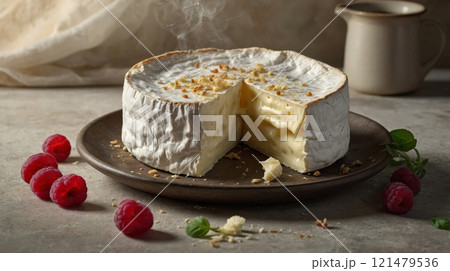 Delicious round cheese with raspberries arranged artistically for a stylish presentation 121479536