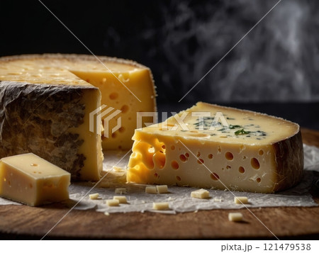 Delicious cheese display showcasing various flavors and textures on a wooden board 121479538