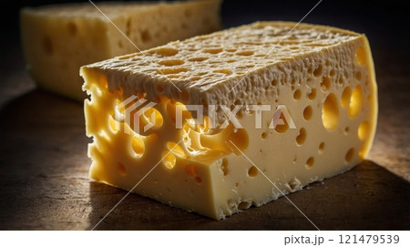 Cheese with holes illuminated from behind, showcasing texture and color intricacies 121479539