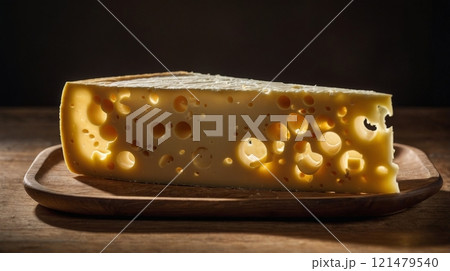 Mature cheese wedge with holes displayed on a wooden board in warm lighting 121479540