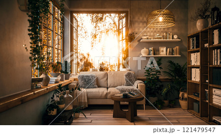 Beautiful morning with red autumn trees. Cozy room with autumn landscape. Home library with sofa. Cozy lounge. 3d visualization Beautiful morning with red autumn trees. Cozy room with autumn landscape. Home library with sofa. Cozy lounge. 3d visualization 121479547