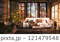 Relaxation area with sofa on the terrace. Autumn landscape outside the window. Beautiful morning with red autumn trees. 3d visualization 121479548