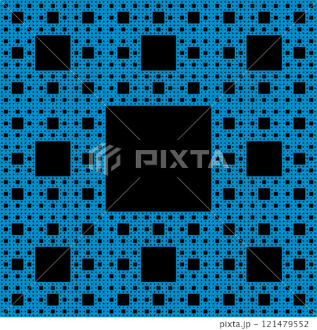 Blue Sierpinski carpet, 6th step of a plane fractal. Square, cut into a 3-by-3 grid, the central subsquare is then removed. Same procedure applied recursively to remaining 8 sub squares, ad infinitum. 121479552