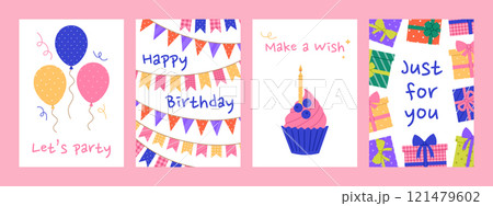 Happy Birthday vertical greeting cards set with balloons, garlands, cupcake and gift boxes. Holiday banner, flyer, invitation templates on white background. Vector flat illustration 121479602