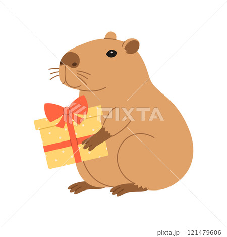 Funny festive capybara sits with gift box. Cute capibara with present for holiday greeting card, invitation, banner. Birthday character. Vector flat illustration isolated on white background 121479606