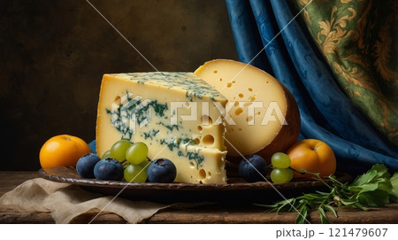 Exquisite cheese display with fresh fruits during a rustic gathering 121479607