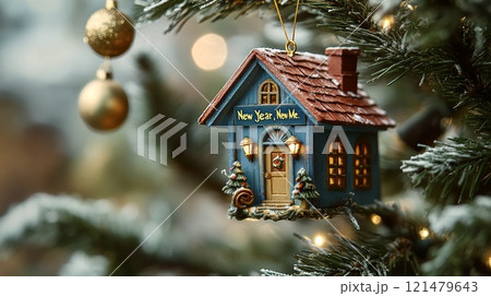 A toy house with the inscription New Year, New Me is hanging on a branch of the Christmas tree  121479643