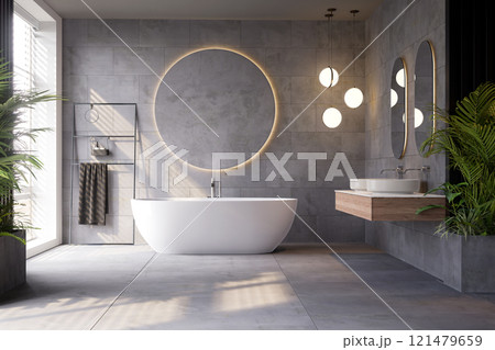 Minimal style modern loft bathroom with natural light 3d render, There are concrete tile floor and wall decorated with circle backdrop with hidden light and green nature Minimal style modern loft bathroom with natural light 3d render, There are concrete tile floor and wall decorated with circle backdrop with hidden light and green nature 121479659