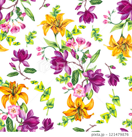 Floral illustration with freesia magnolia and lily 121479876