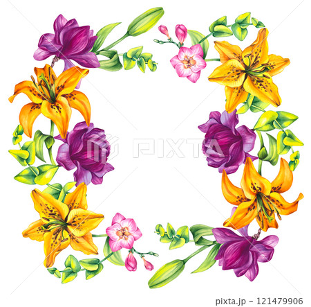Floral illustration with freesia magnolia and lily 121479906