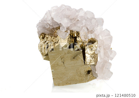 macro stone mineral pyrite with calcite on a white background macro stone mineral pyrite with calcite on a white background 121480510