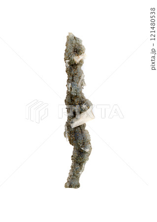 Macro Chalcedony mineral stone with Apophyllite on a white background 121480538