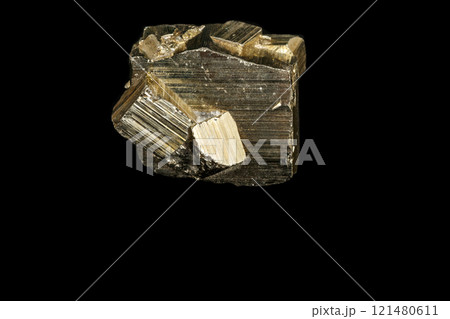 Macro mineral stone Pyrite on a black background Macro mineral stone Pyrite on a black background 121480611