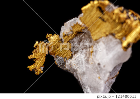 macro mineral stone gold in the rock on a black background macro mineral stone gold in the rock on a black background 121480613
