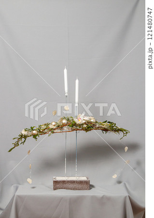 Christmas composition of flowers and Christmas decorations 121480747