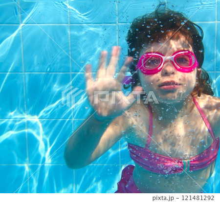 underwater little girl pink bikini blue swimming pool underwater little girl pink bikini blue swimming pool 121481292