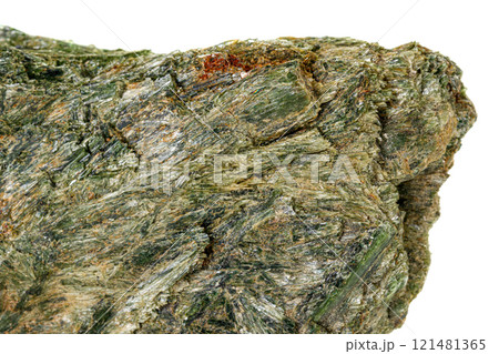 Macro stone mineral Diopside Calcite Magnetite on a white background 121481365